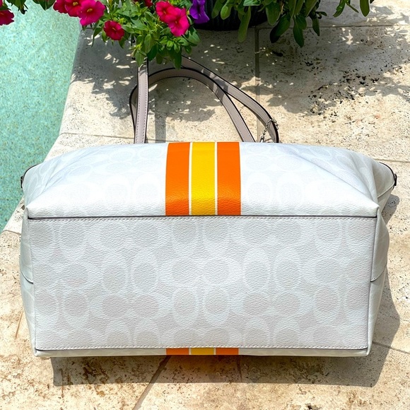 Coach Varsity City Zip Tote in Chalk Signature Print w/Orange&Yellow Stripe NWOT - Picture 6 of 15